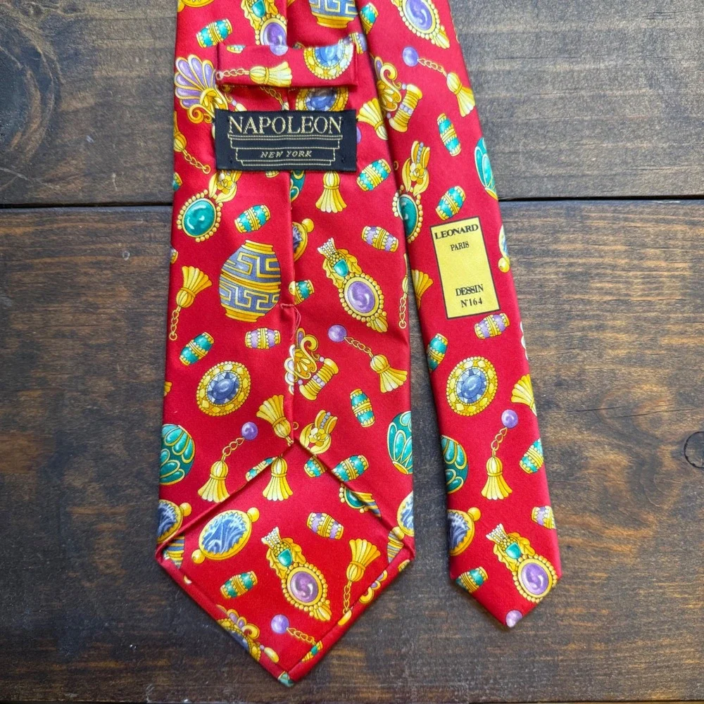 Leonard Paris Tie OS Silk Novelty Jewelry Print Red Made in Italy Dessin 164